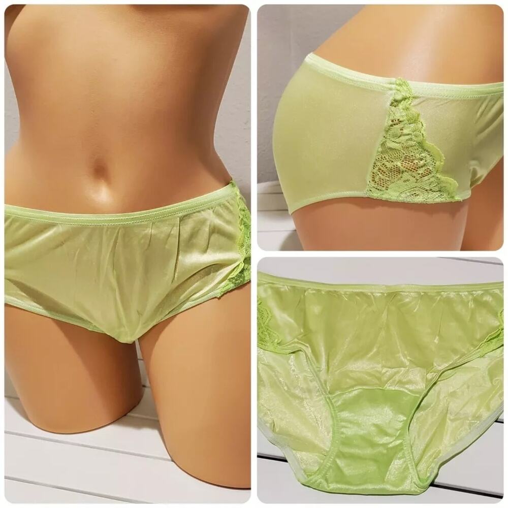Shadowline 11182 Lace Insets Bikini Panty Shiny Nylon Full Cut Citron Green
